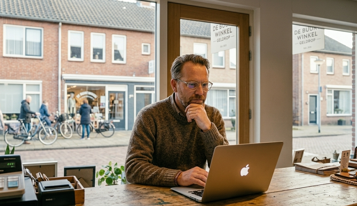 lokaal adverteren Geldrop; Een Geldropse ondernemer die zijn laptop bekijkt terwijl hij in zijn zaak zit.